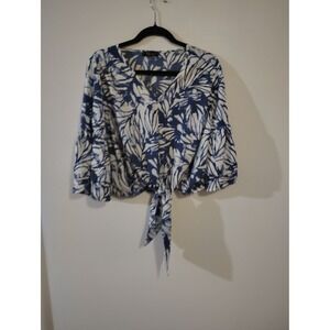 KLD Signature‎ Blue White Palm Print Tie Front Crop Top Bell Sleeve Blouse M USA